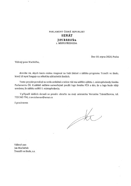 dopis - Záštitu projektu Trenéři ve škole - 1. místopředseda Senátu Parlamentu ČR